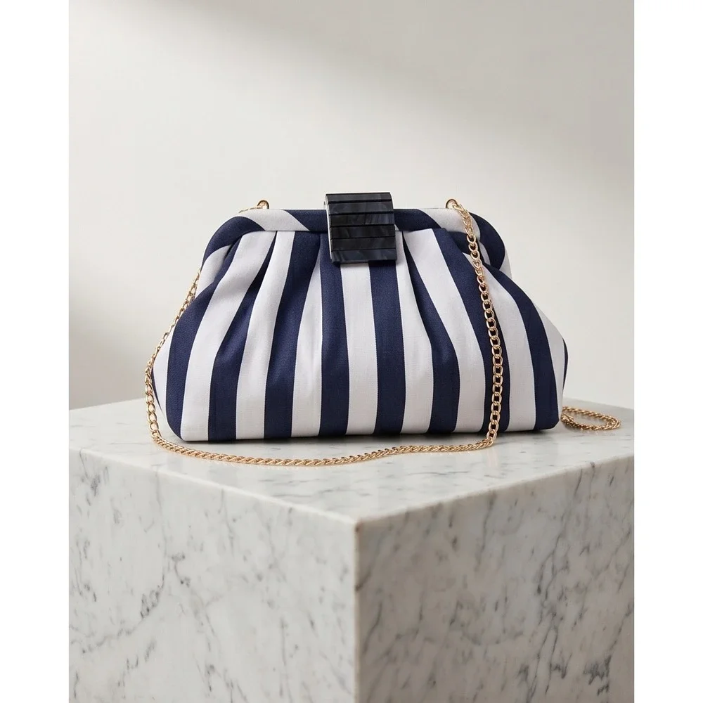 Tommy Bahama Navy Blue White Striped Pleated Clutch Bag Gold Chain Strap - Picture 3 of 9